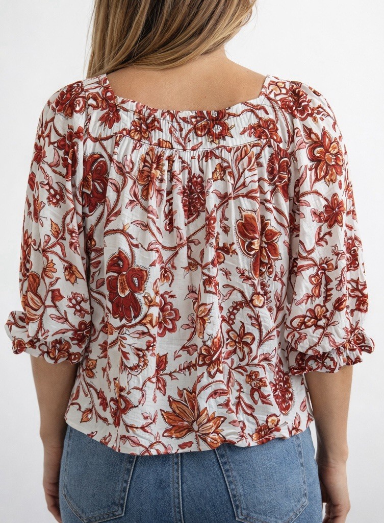 NICOLE MILLER 55% LINEN 45% RAYON RED FLORAL 3/4 SLEEVE SHIRT BLOUSE TOP SIZE M