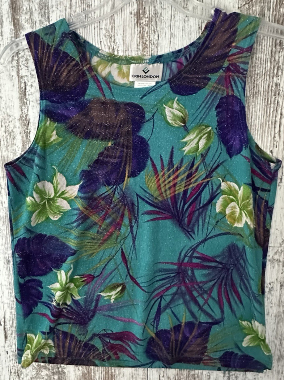 ERIN LONDON Women’s Sz M Colorful Tropical Patten Stretch Glitter Sleeveless Top