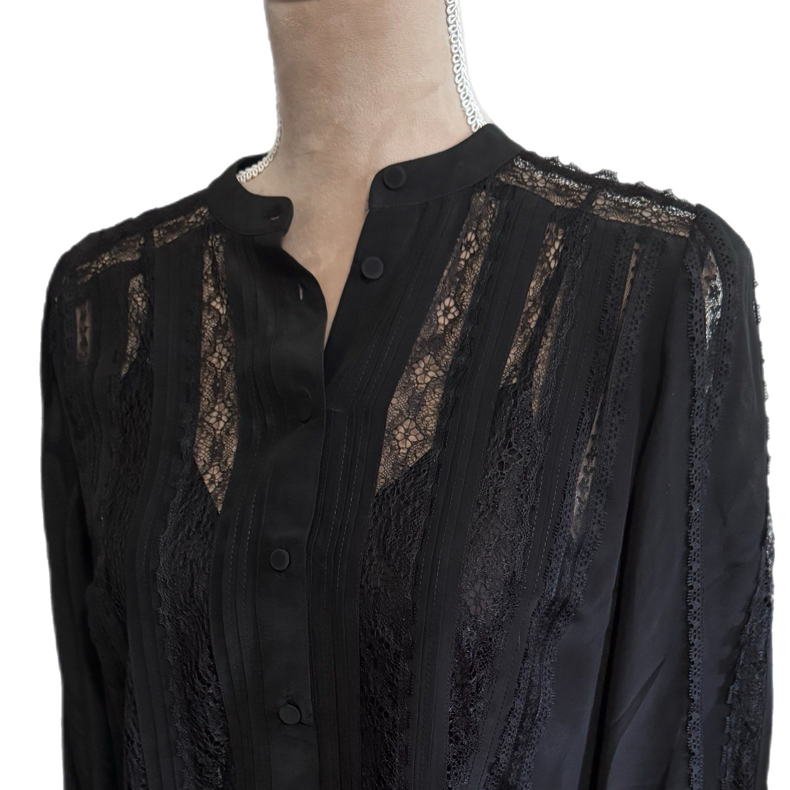 Madewell Lace-Insert Button-Up Long Sleeve Top Black Women Size Small NY338 New