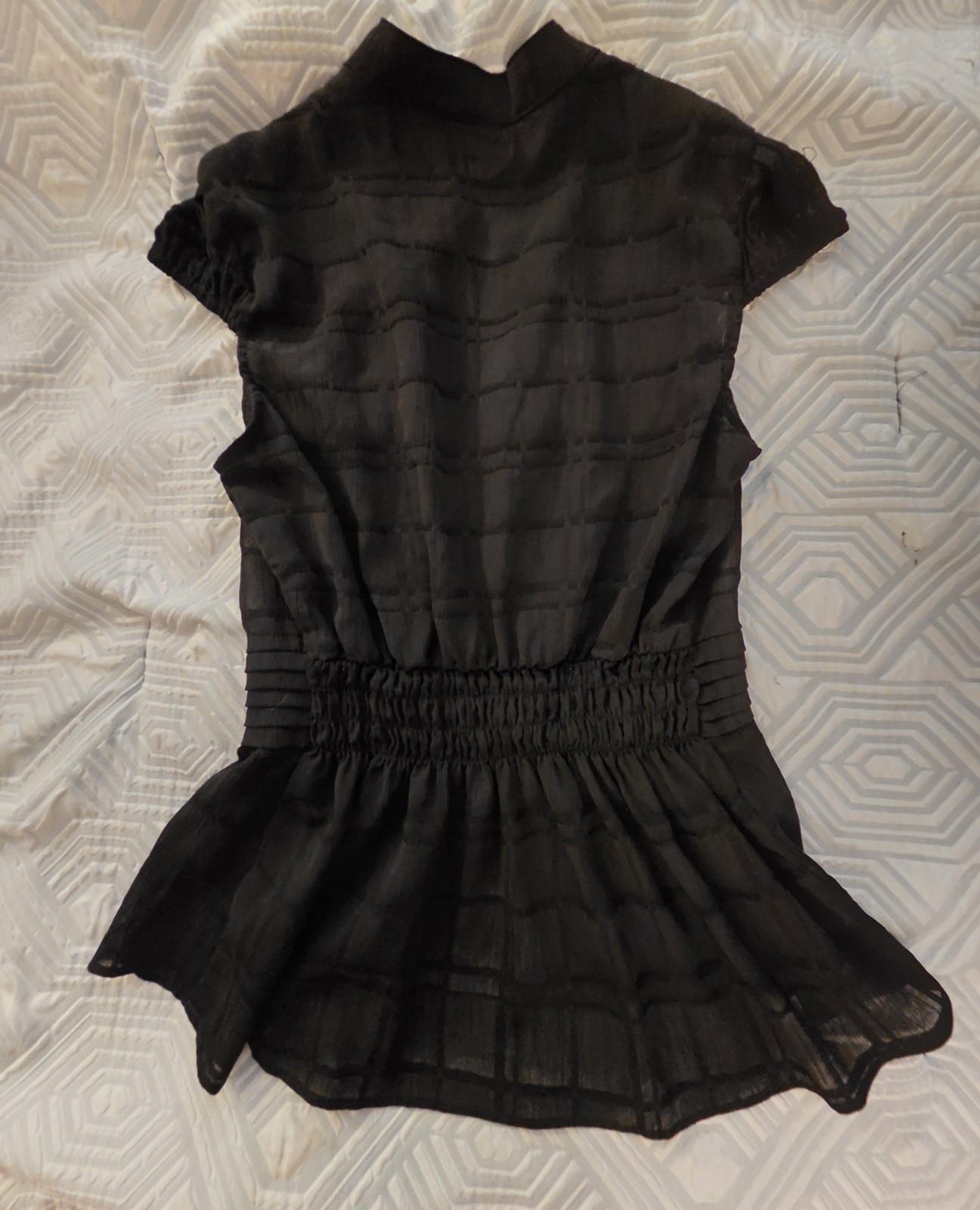 XOXO Black Lace Sheer Button Front Ruffle V-Neck Short Sleeve Blouse S Women