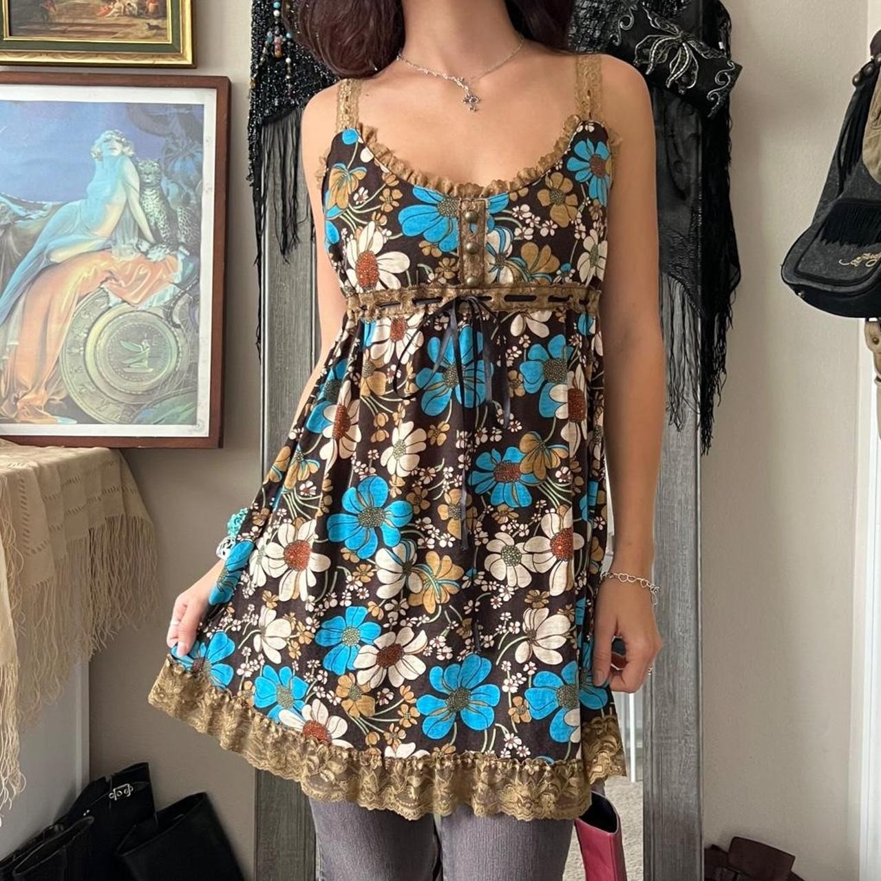 Vintage Y2K Brown Blue Floral Lace Babydoll Tank Top Mini Dress Boho Fairycore