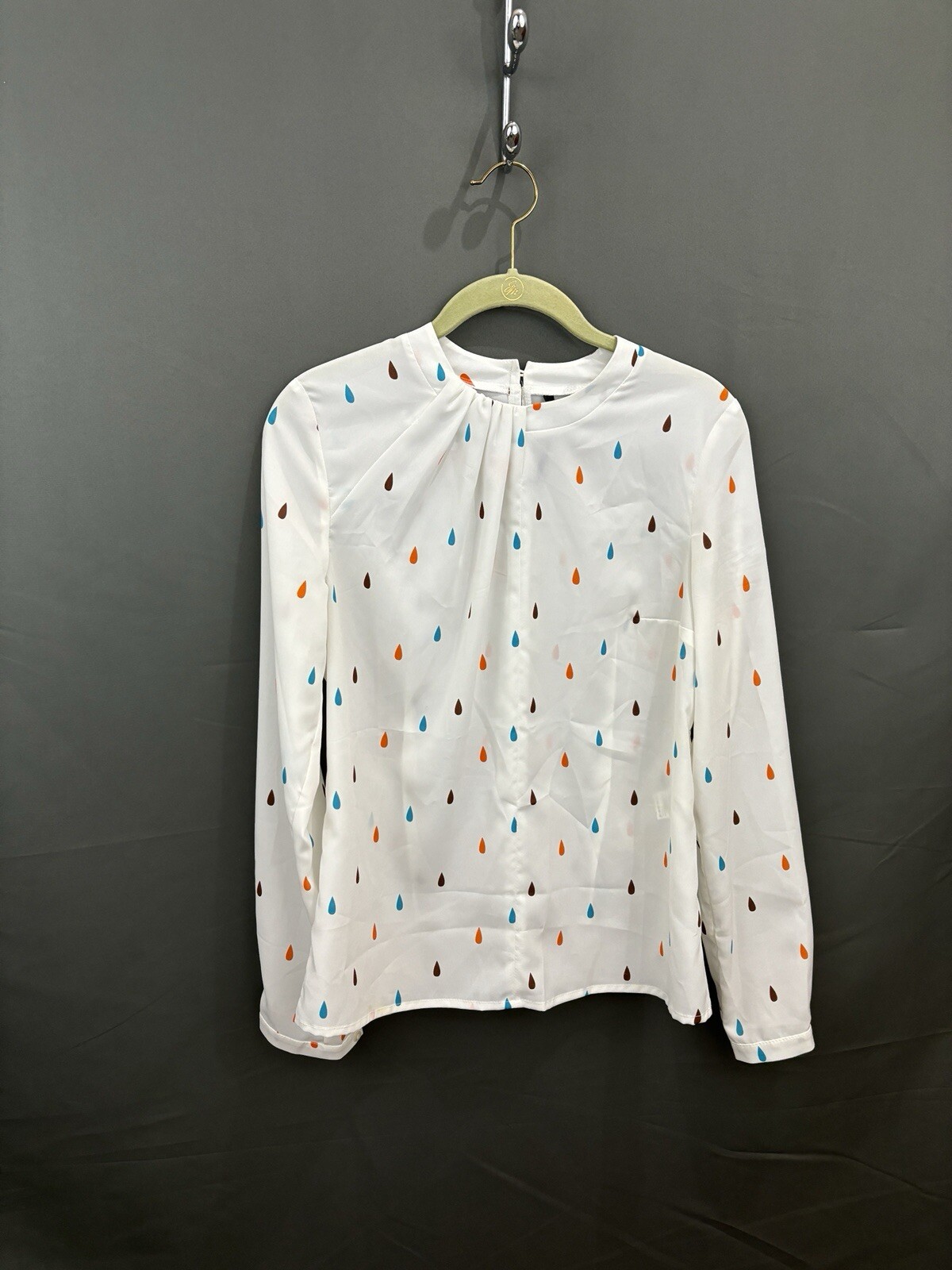 Nife Women’s Blouse White/MultiColor Teardrop Design Long Sleeves NWT Size Small