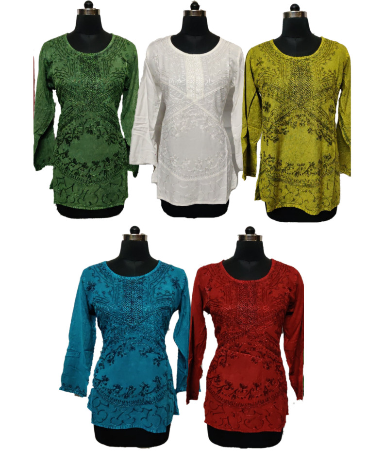10pc Boho Stone Wash Hippie Gypsy Casual Solid Embroidered Women Blouse Top