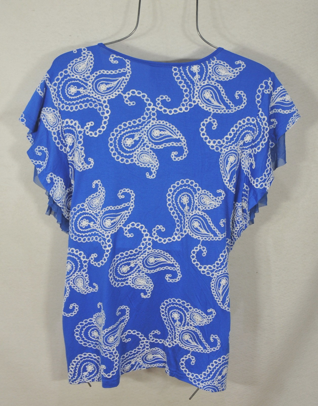 Liv Los Angeles Women’s Blouse XL Blue Paisley Embroidered Flutter Sleeve NWT