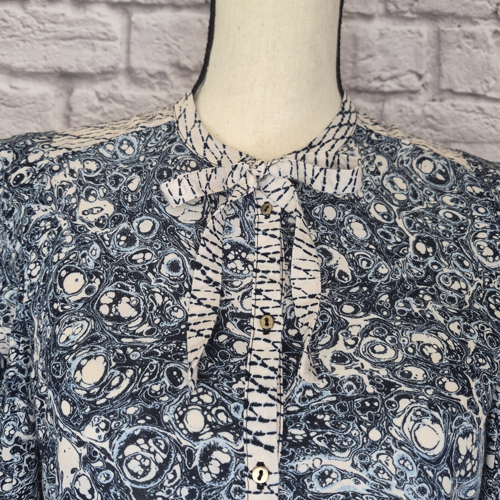 Ulla Johnson Nara Top Patchwork Indigo Blue Cream Print Button Front Size 6