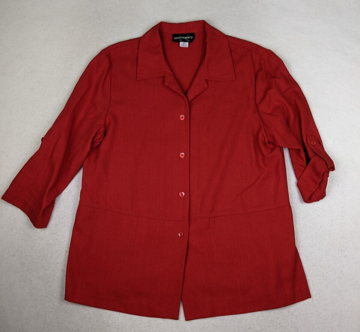 REQUIREMENTS – WOMEN’S RED WOVEN BUTTON-UP TOP – SIZE 16 – ROLL TAB