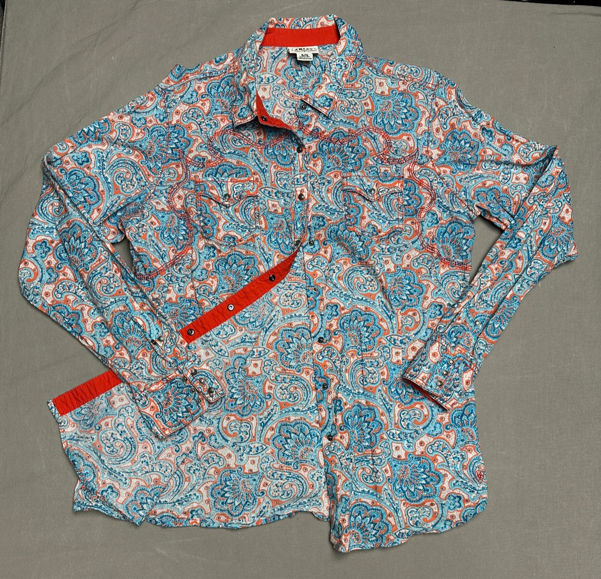 Ariat Womens XL Blue/Orange Paisley Snap Button Longsleeve Flip Cuff Shirt
