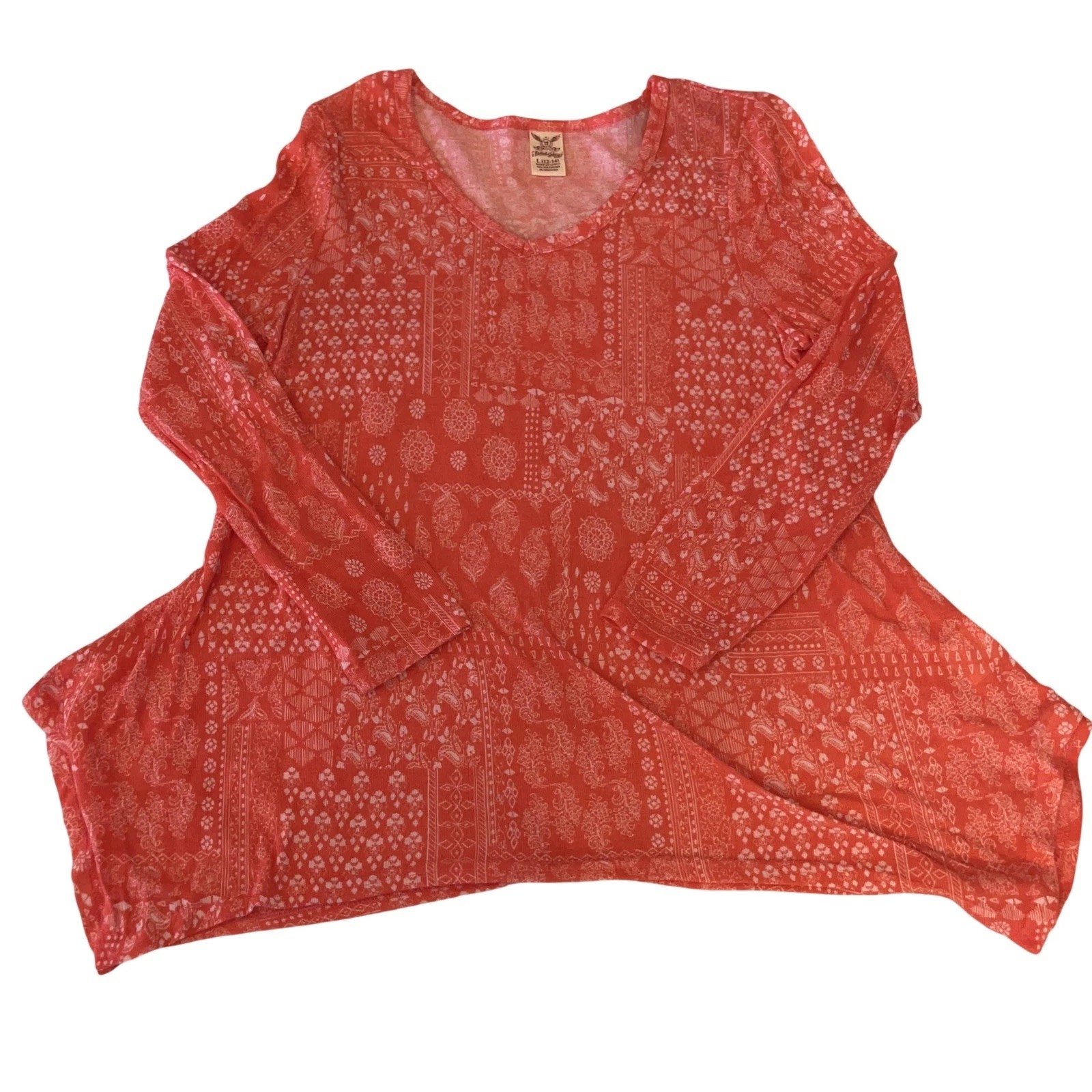 Shirt Womens Large 12-14 Orange Paisley Long Sleeve Stretch Basic Boho Casual