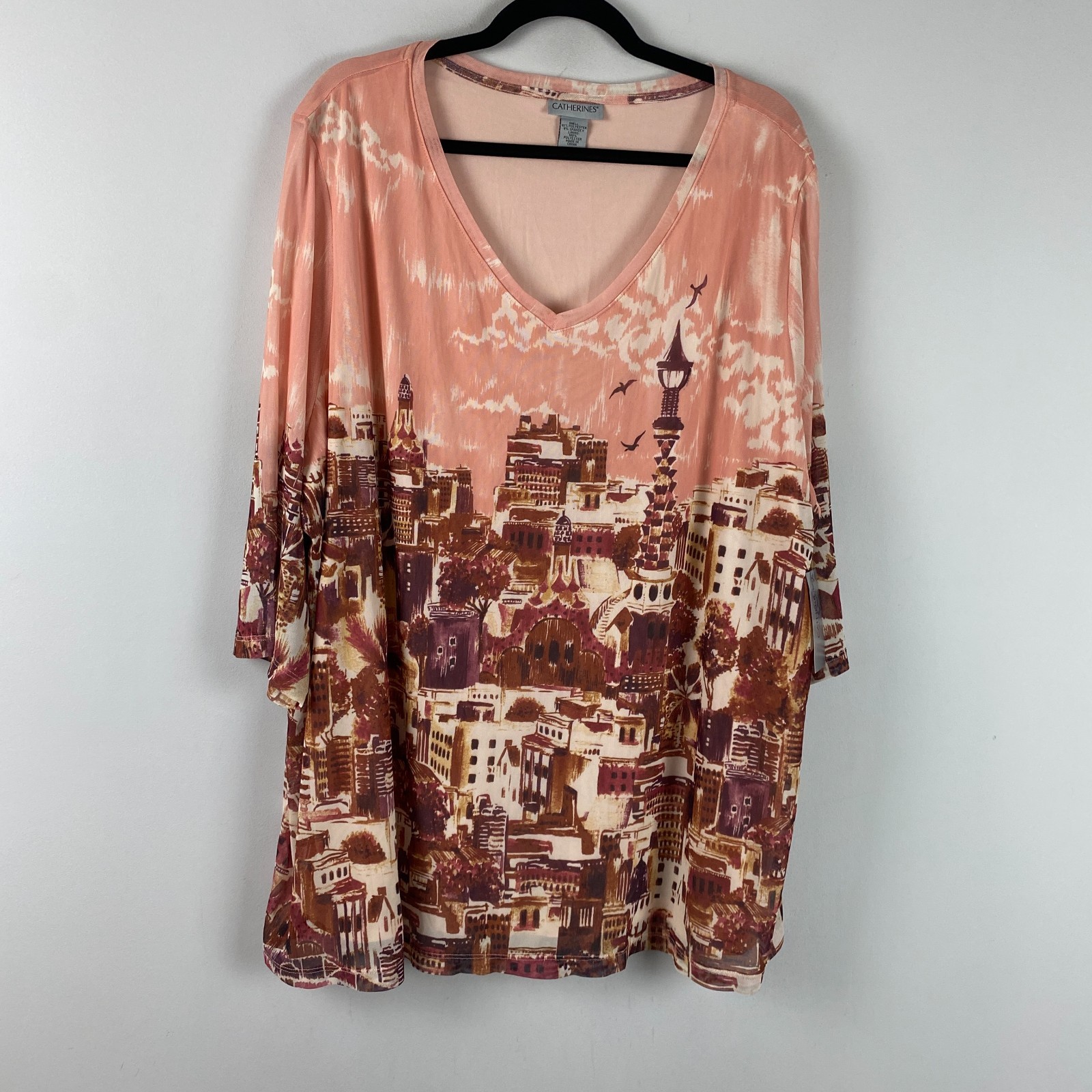Catherines Knit Mesh Top Blouse Size 2X Pink Maroon Red Travel Town Print