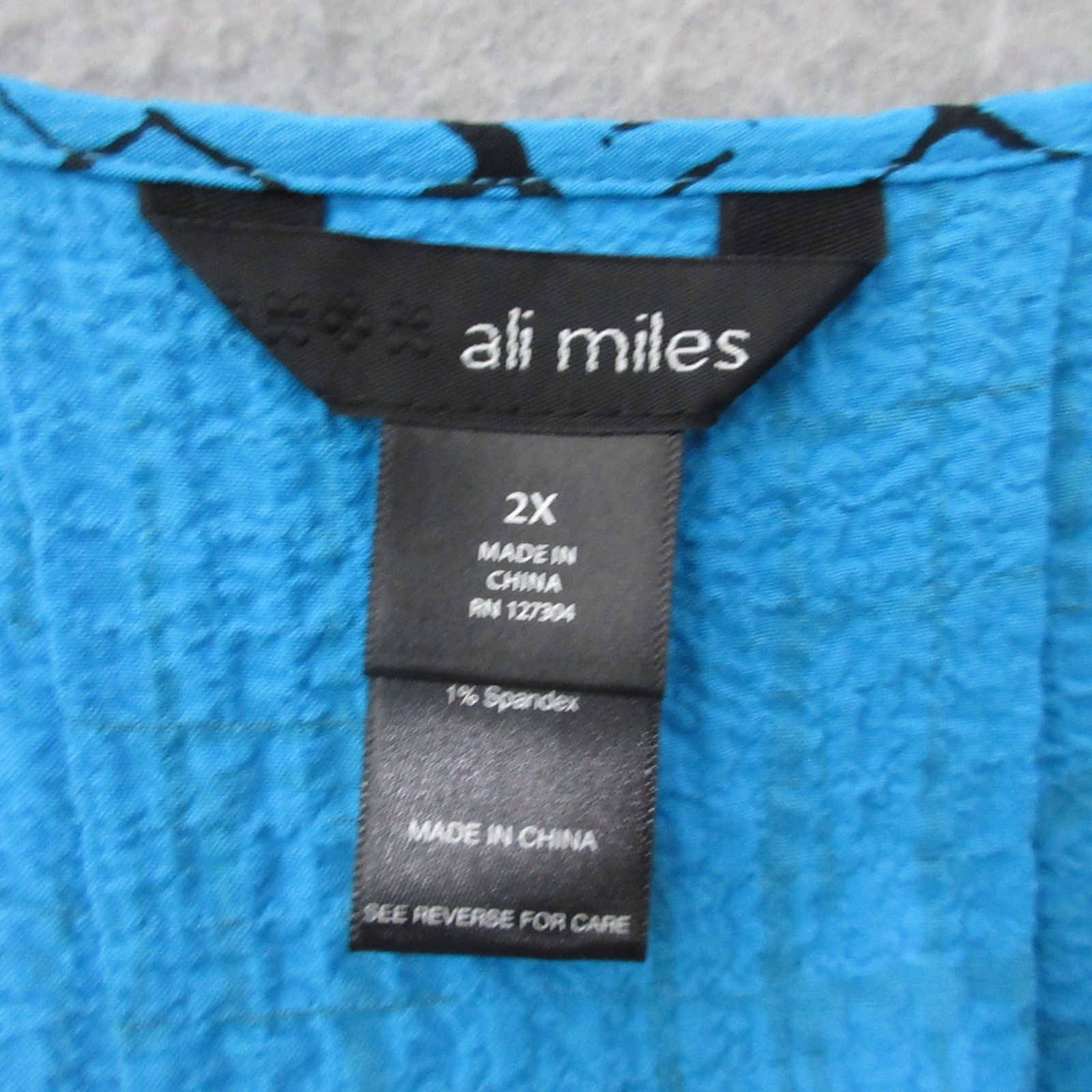 Ali Miles Top Tunic Plus 2X Blue Black Abstract Crinkle Artsy Roll Tab Sleeve