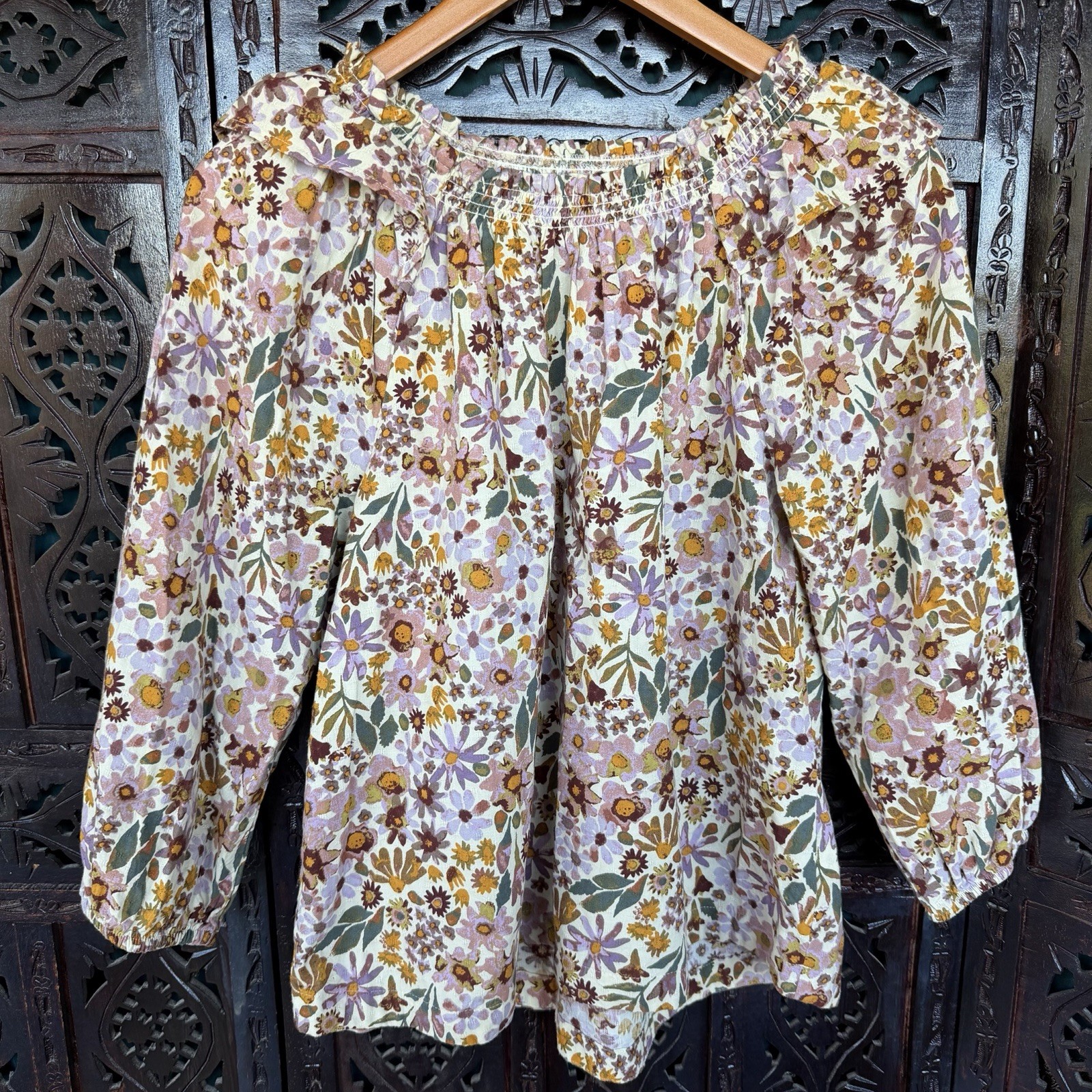 100% Cotton Daisy Peasant Top Womens M Watercolor Floral Cottagecore Boho