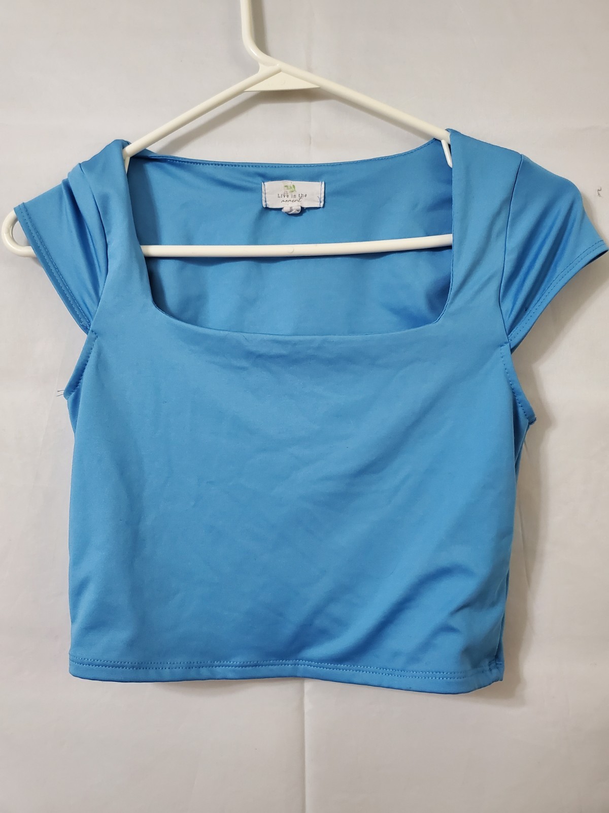 Live In The Moment Crop Top Square-Neck Blue Size Small Women’s Cap Sleeve