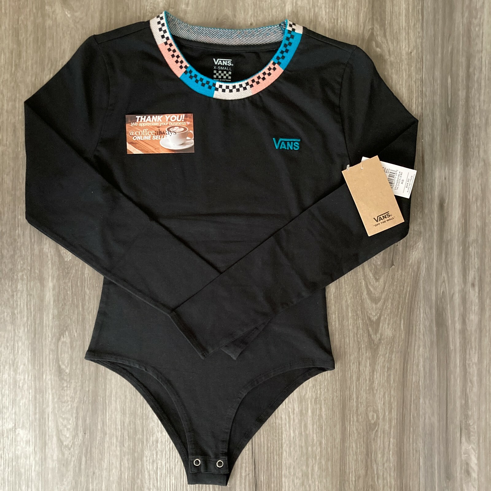 Vans Tri Check Long Sleeve Bodysuit Black Blue Cotton Size XS Women’s NWT