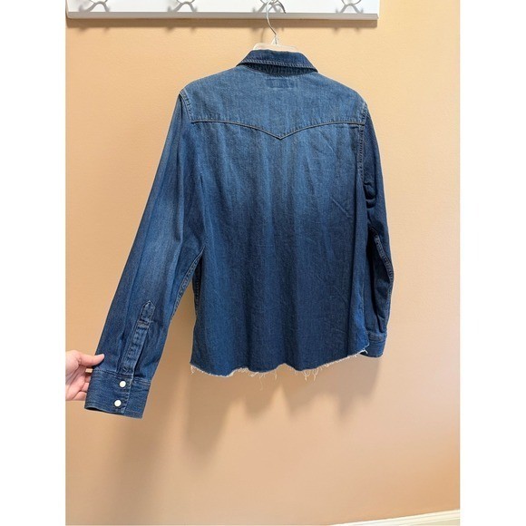 Lucky Brand Denim Western Shirt Snap Button Contrast Stitch Star Embroidery Lg