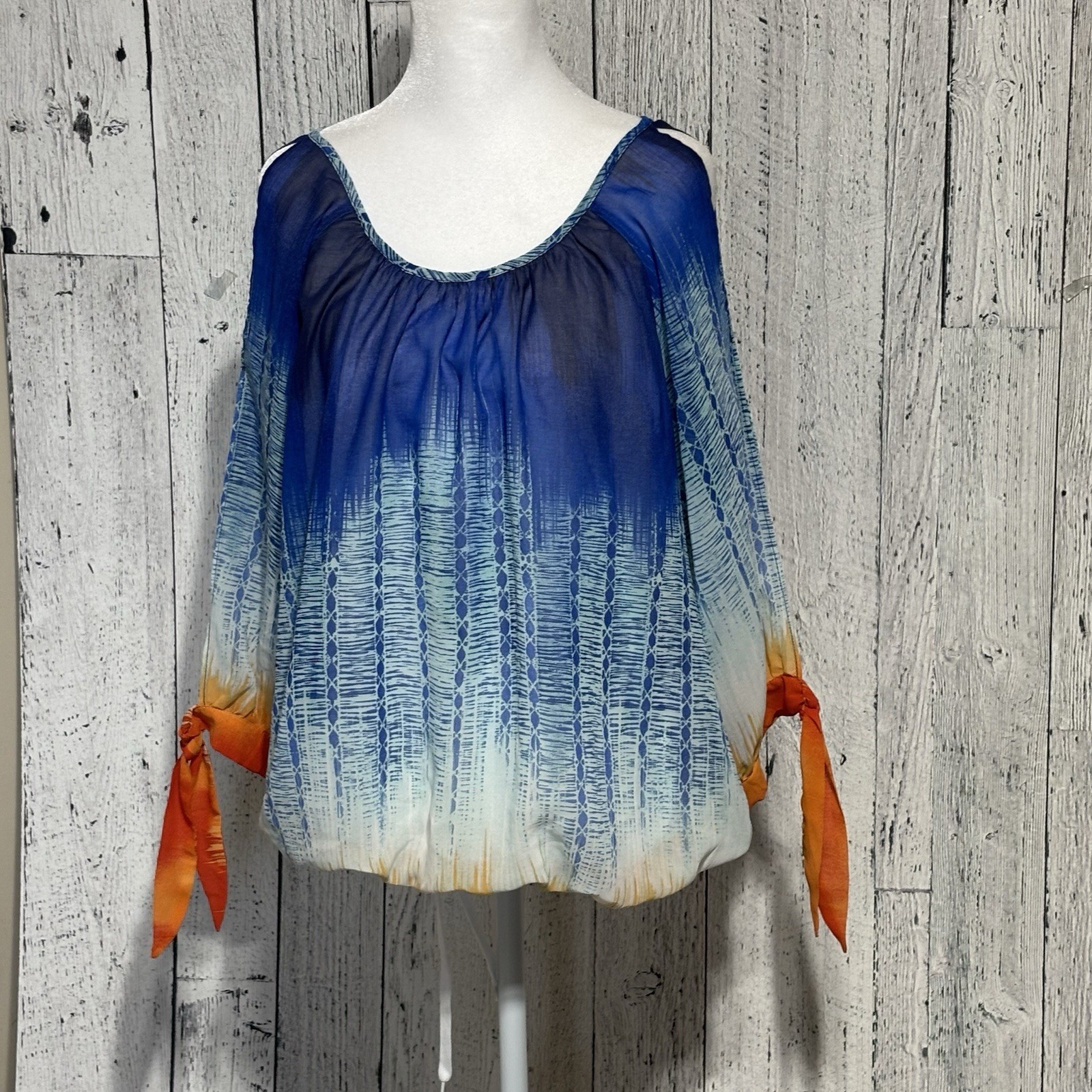 ND New Directions Boho Ombré Chiffon Blouse Size M Blue Orange Cold Shoulder