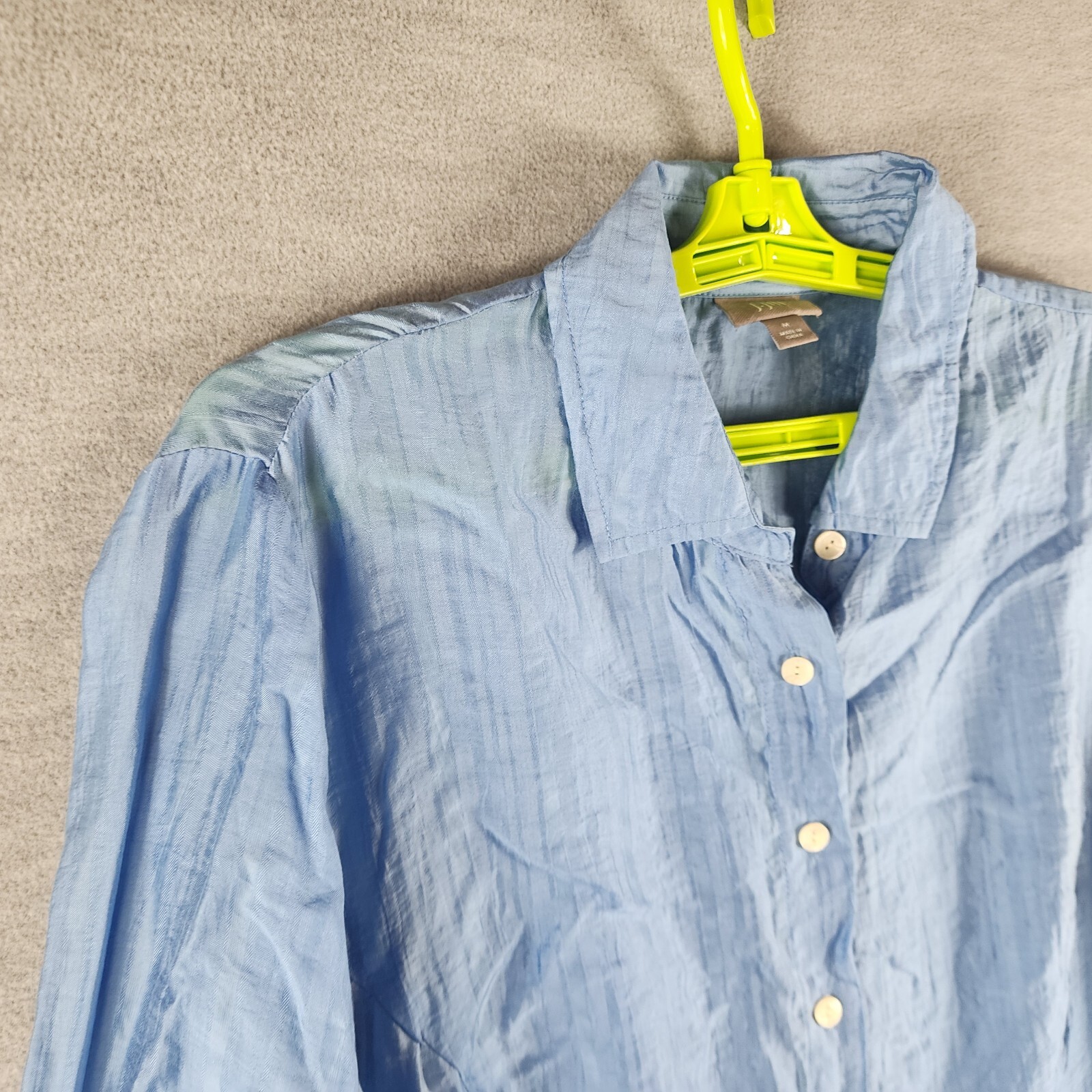 J Jill Woman Top M Blue Button Up Front Long Sleeve Classic Fabric Light Shine