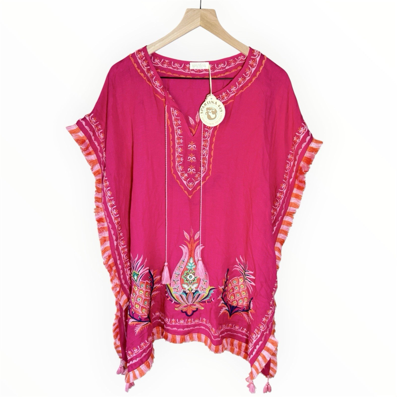 NWT Spartina 449 Kaftan Beach Cover Up Pineapple Embroidered Swim Fuchsia Pink