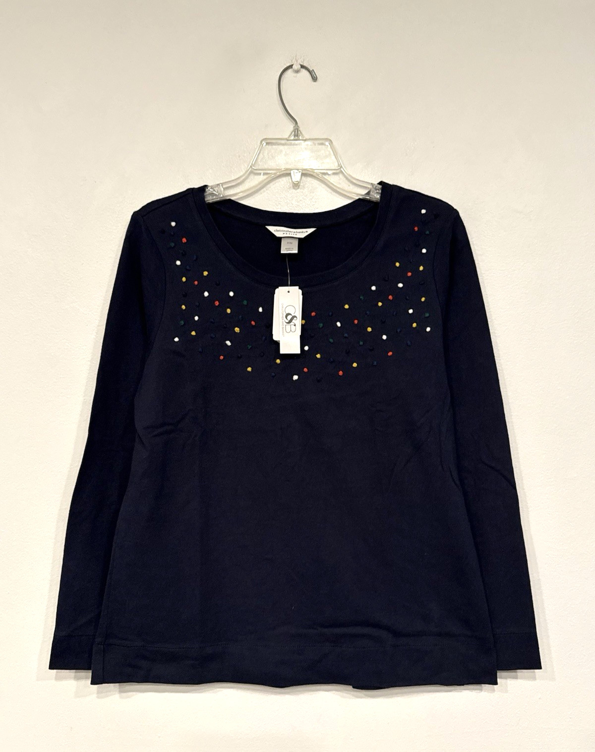 NEW Christopher & Banks Womens Shirt Petite Size Medium PM Navy Stitched Dot Top