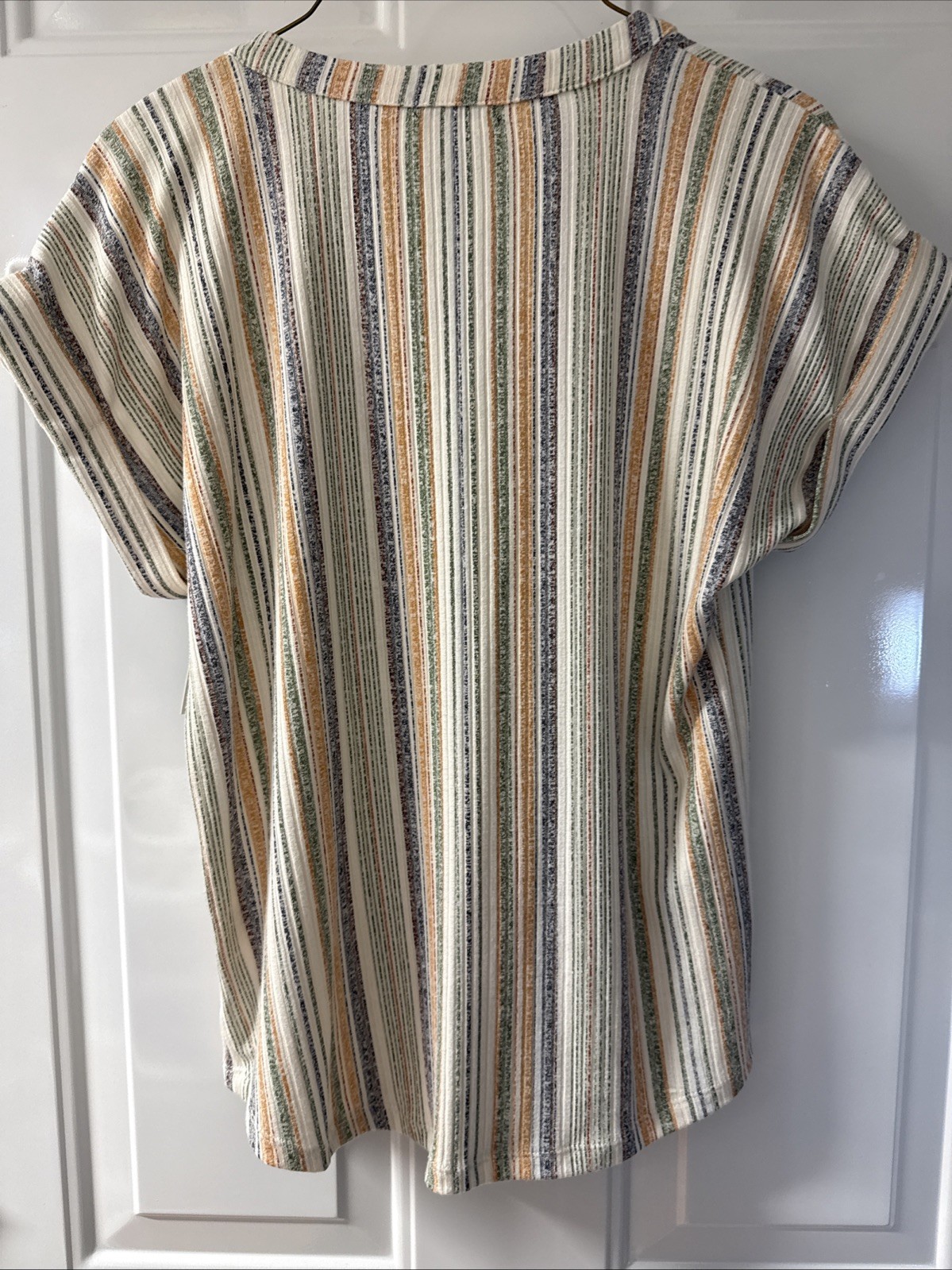 Cure Multicolored Striped Zip V-neck Short Cuffed Sleeve Blouse Small New