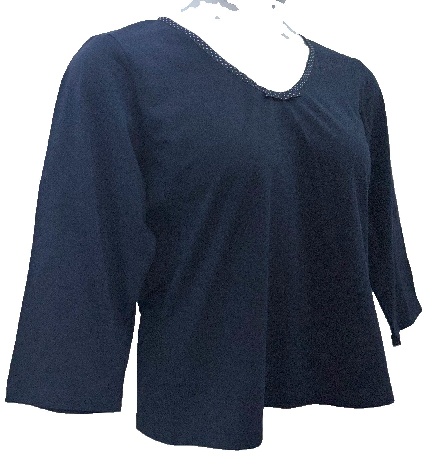 Liz Claiborne Women Size XL Pullover 3/4 Sleeve Polka Dot V-Neck Top Navy w/Bow