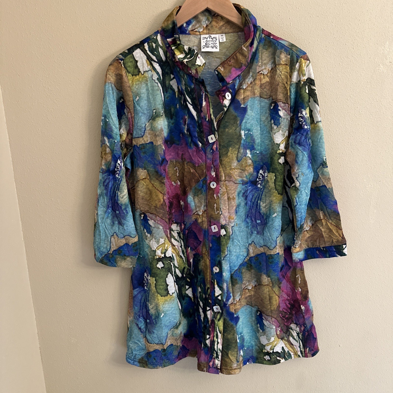 Parsley & Sage Tunic Top Watercolor Abstract 3/4 Sleeves Size M