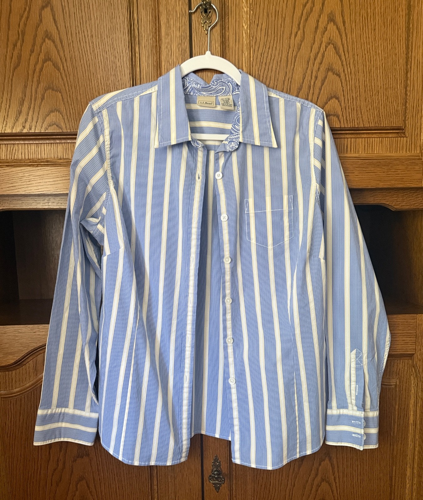 LL BEAN Womens Size L Blue White Yellow Striped Blouse Button Up