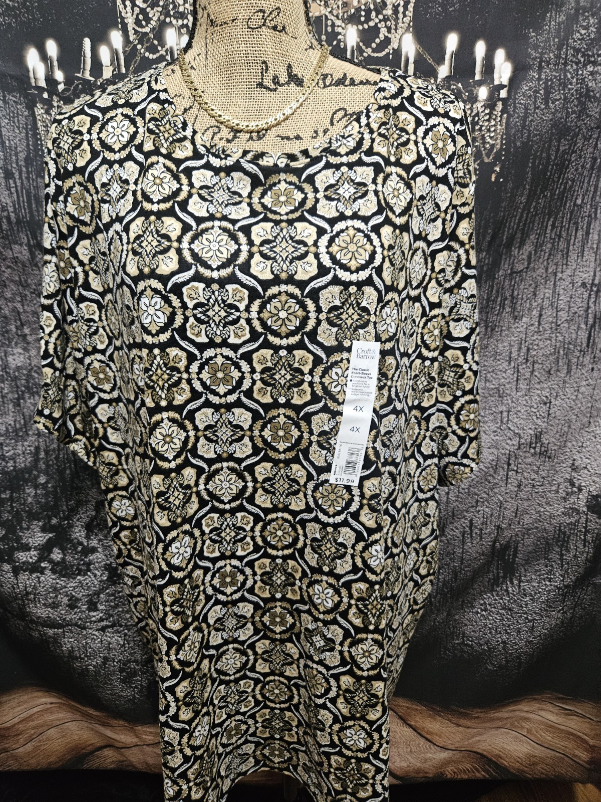 CROFT & BARROW, WOMEN’S NEW BLACK/TAN COTTON SHORT SLEEVED GEO TEE, SZ 4X