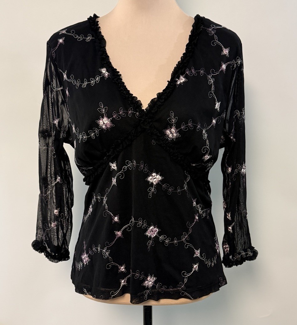 Y2K Fashion Bug Women Mesh Babydoll Top Fairy Whimsigoth Black Floral V-neck XL