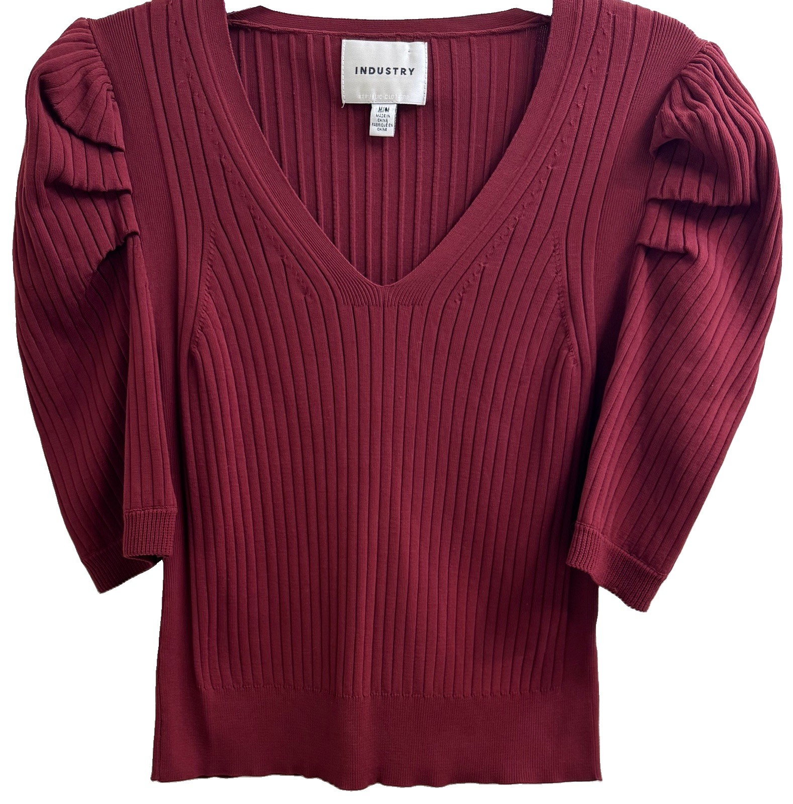 INDUSTRY REPUBLIC Burgundy Wine Ribbed Knit Top Puffed Sleeved V-Neck (M) NWOT
