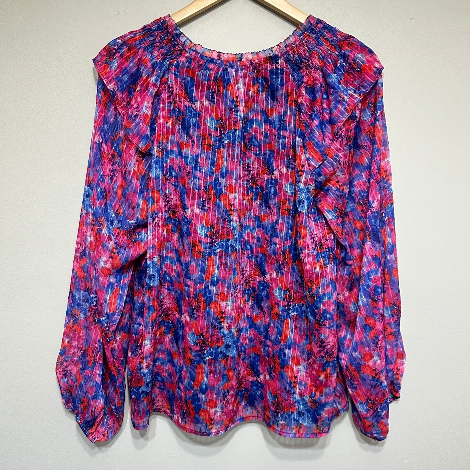Skies Are Blue Floral Balloon Sleeve Blouse Women M Pink Ruffle Airy Flowy Sheer