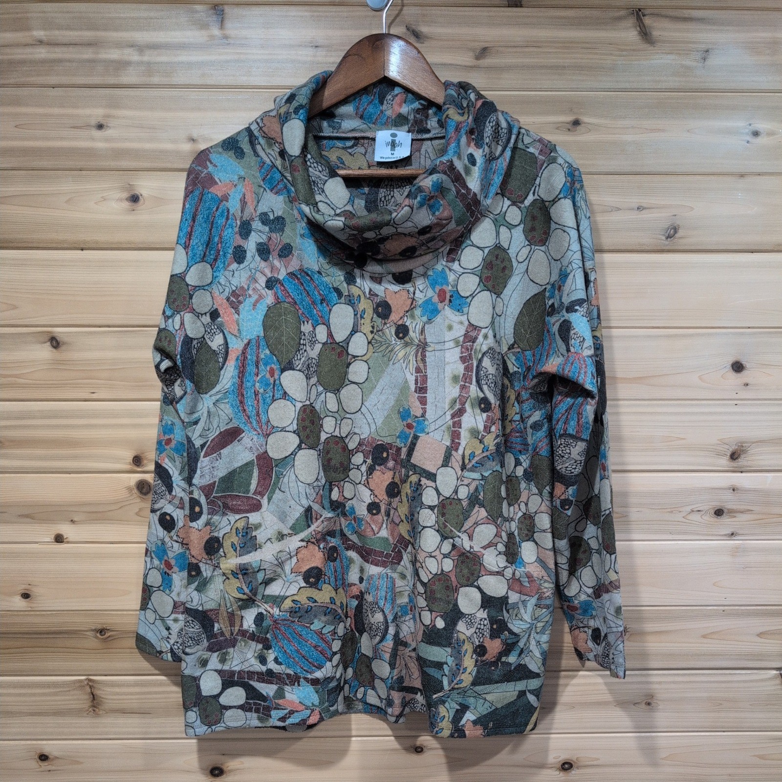 Inoah Cowl Neck Tunic Top Womens Medium Abstract Floral Print Knit T807BM Multi