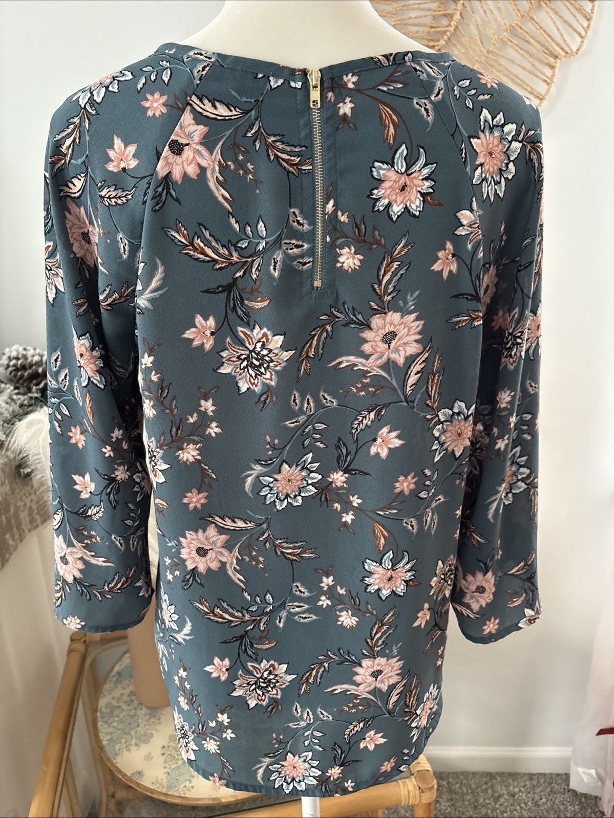 Papermoon Stitch Fix Blouse Top Shirt Dark Turquoise Floral 3/4 Sleeve Small S