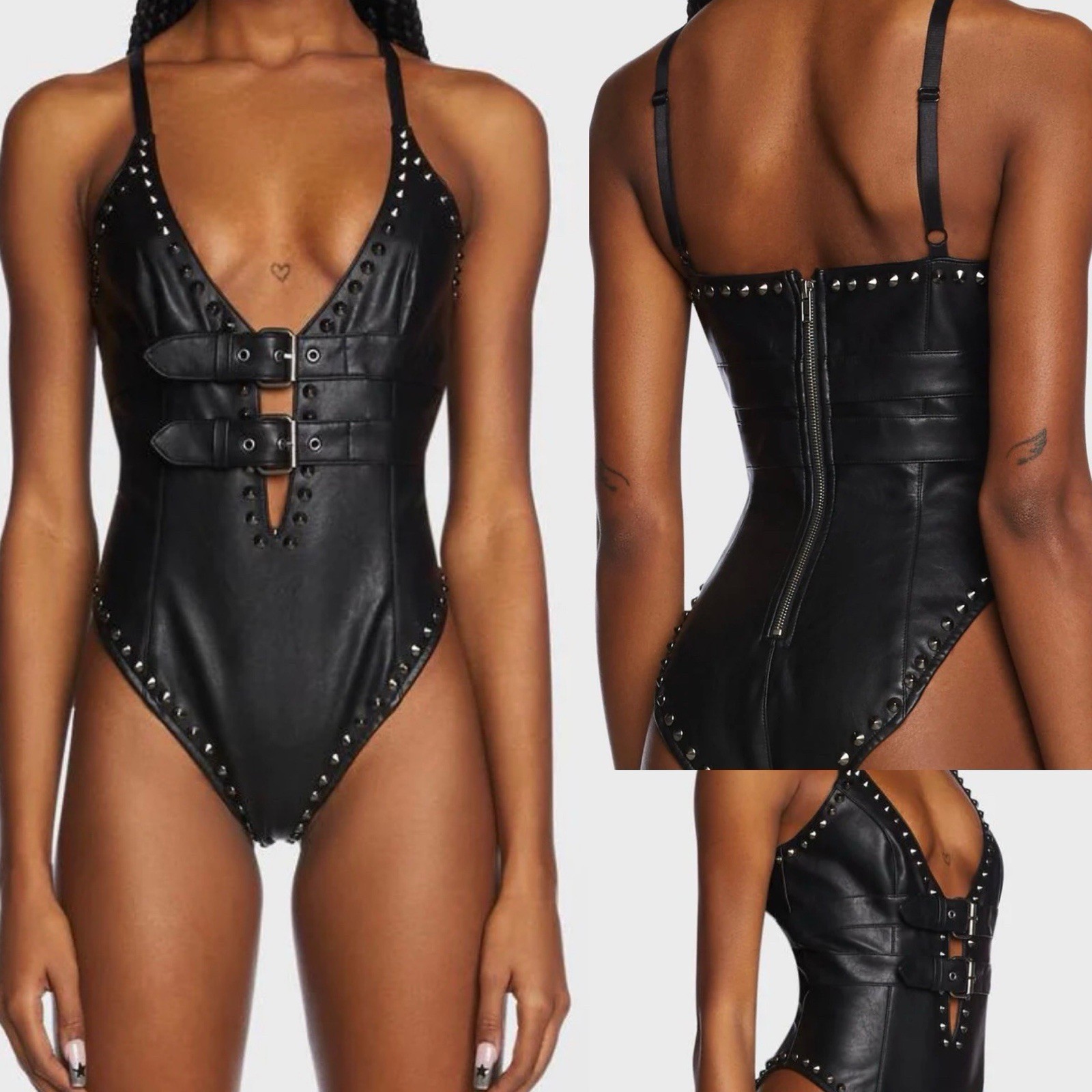 Club Exx Black Faux Leather Studded Bodysuit With Buckles/Zipper Sz S READ