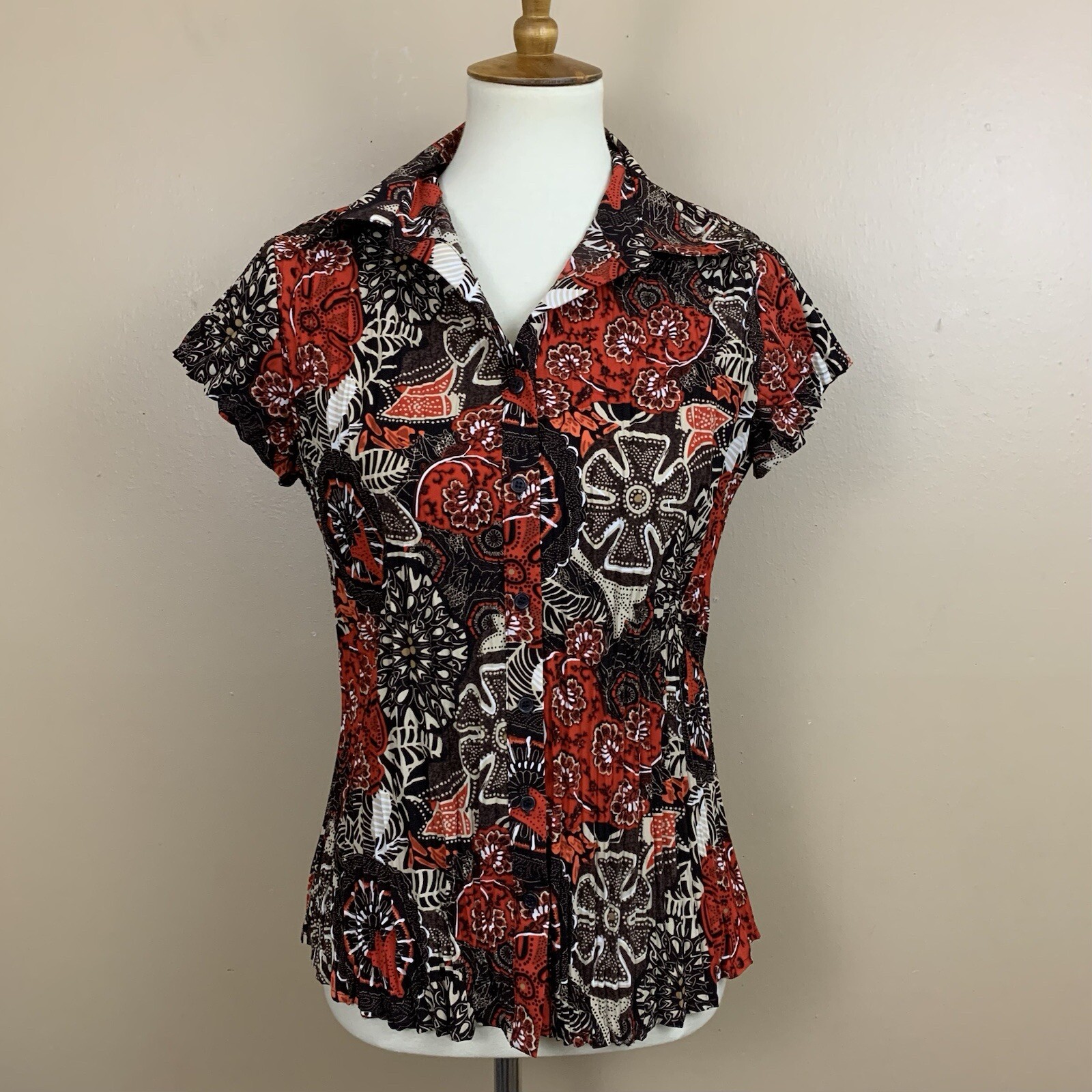 Vintage Fred David Top Womens Medium Brown Orange Floral Crinkled Fairy 90s Y2K