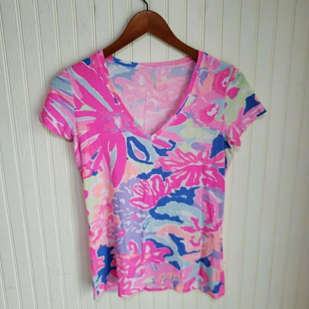 Lilly Pulitzer Shirt Womens Small Multicolor V Neck Short Sleeve Floral Top
