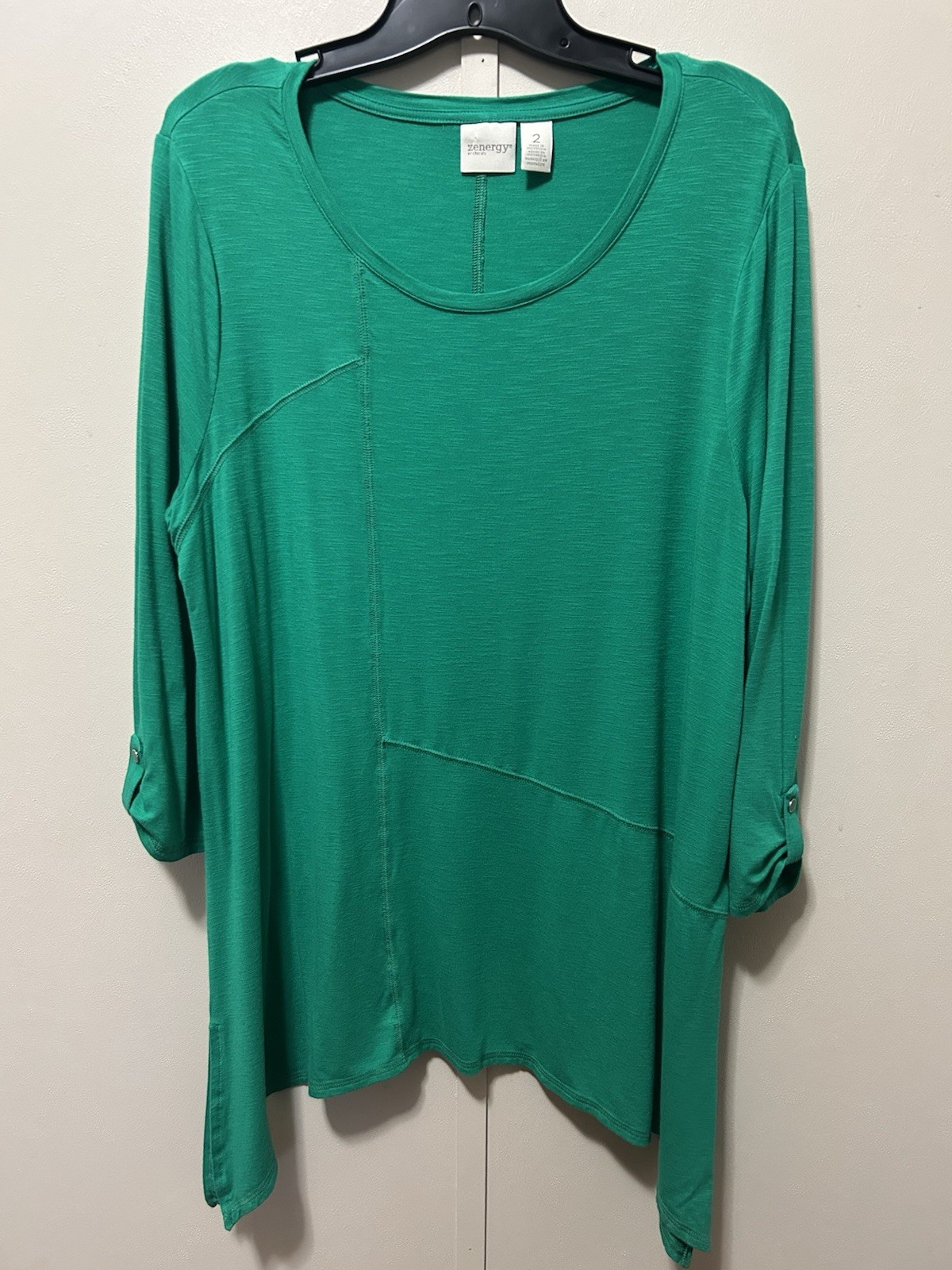 Chico’s Zenergy Tunic 2 Large Sea Green Shark Bite Hem 3/4 Button Tab Sleeves