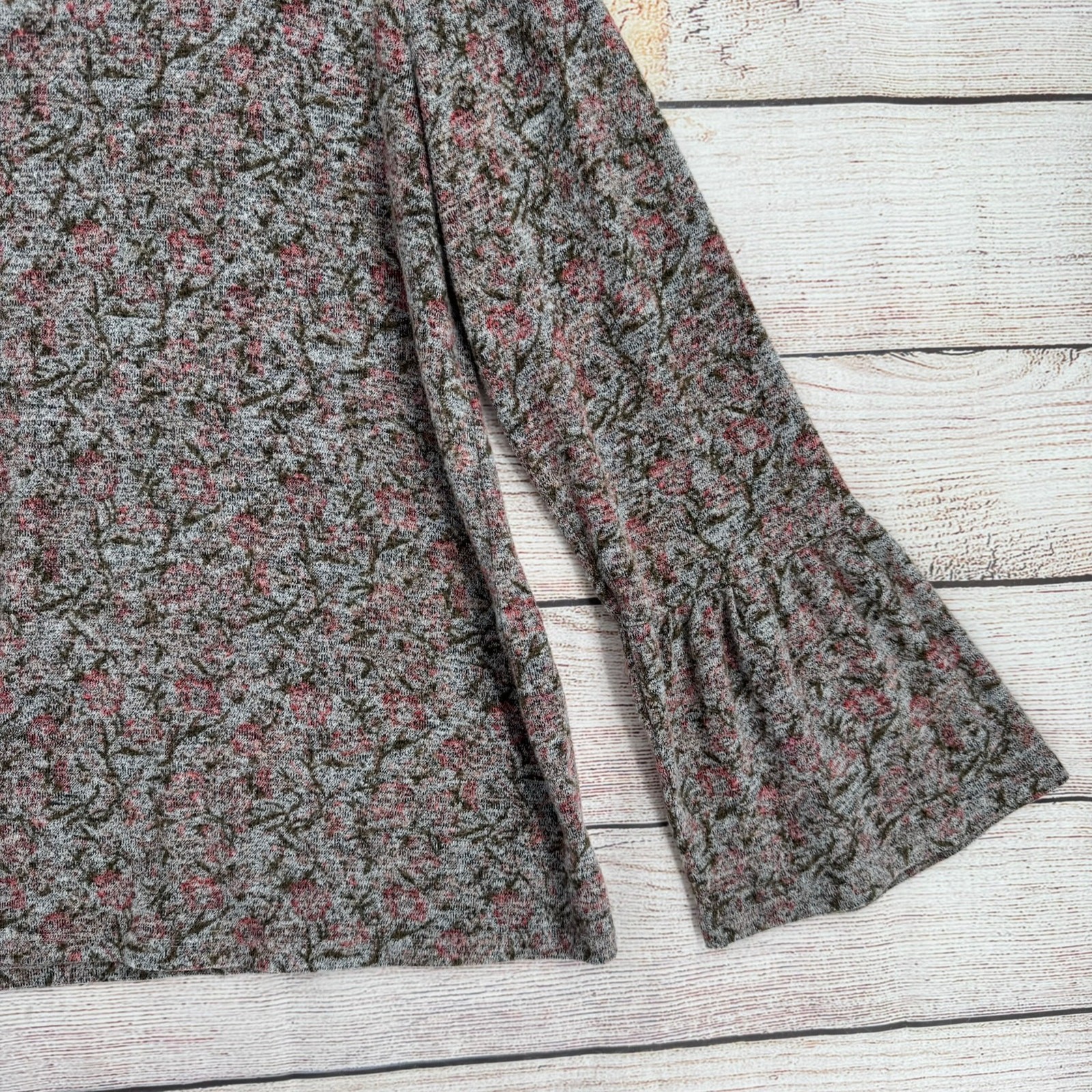 Lucky Brand Floral Knit Long Sleeve Blouse Womens XL Gray Green Pink