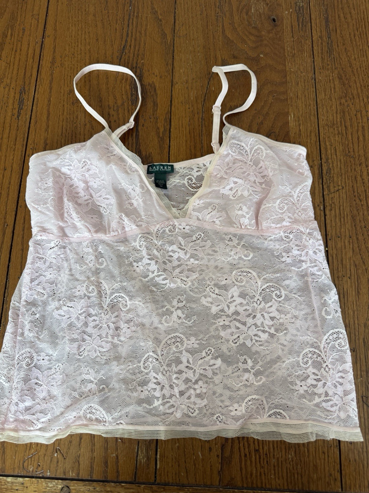 Ralph Lauren Sleeveless Tank Pink Lace Stretch Crochet Trim Cami Top Vintage M
