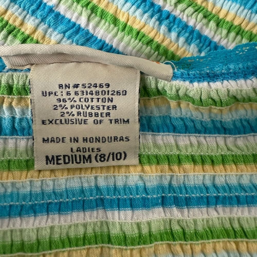 Vintage Faded Glory Top Size M 8/10 Stretch Green Stripe Ruffle Smocked y2K BOHO