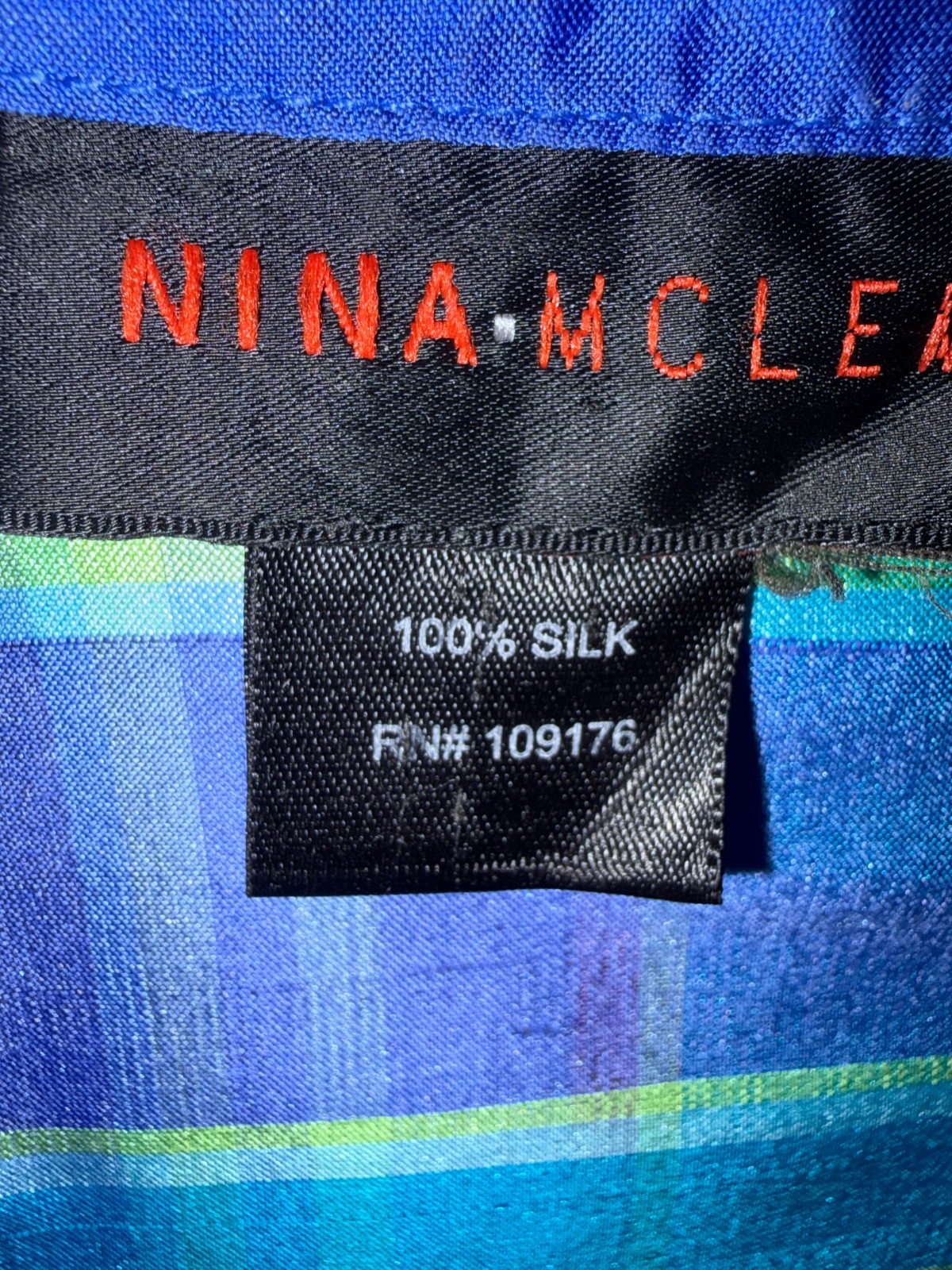 Nina McLemore 100% silk purple teal and green plaid button down