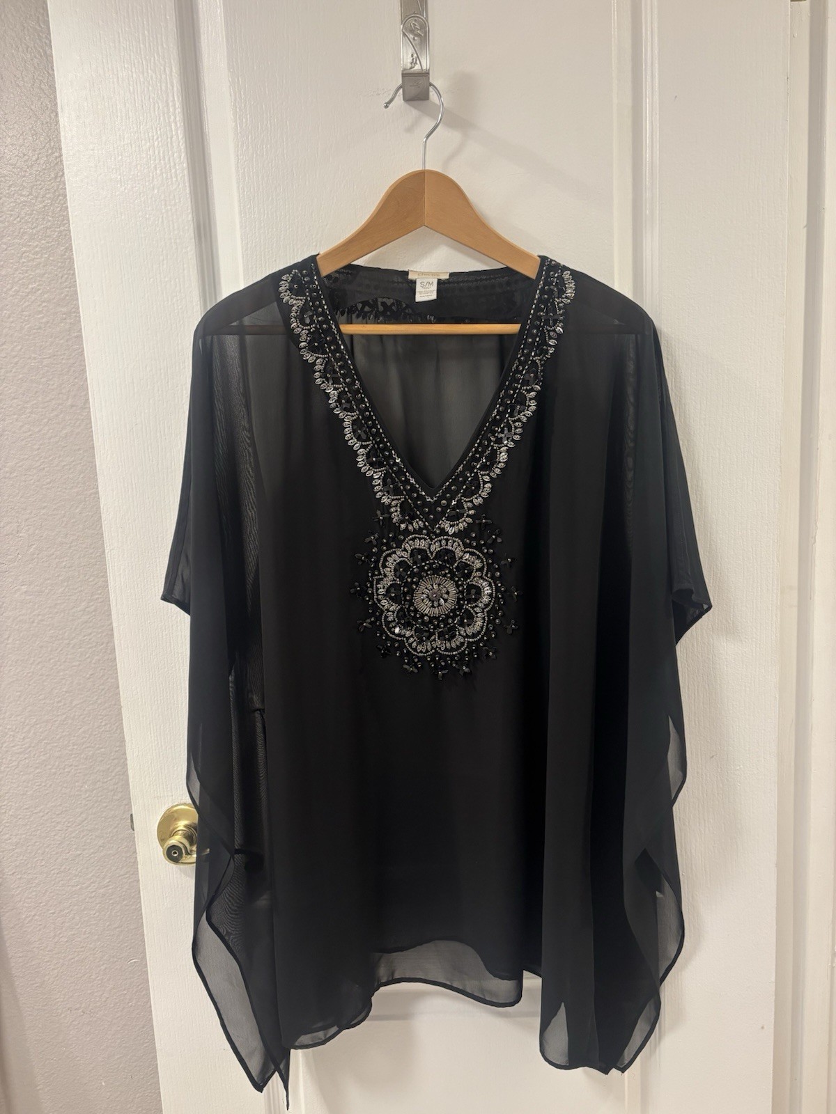 Chicos Sheer Mesh V-Neck Black Tunic Kaftan Coverup Beaded Medallion Resort Boho
