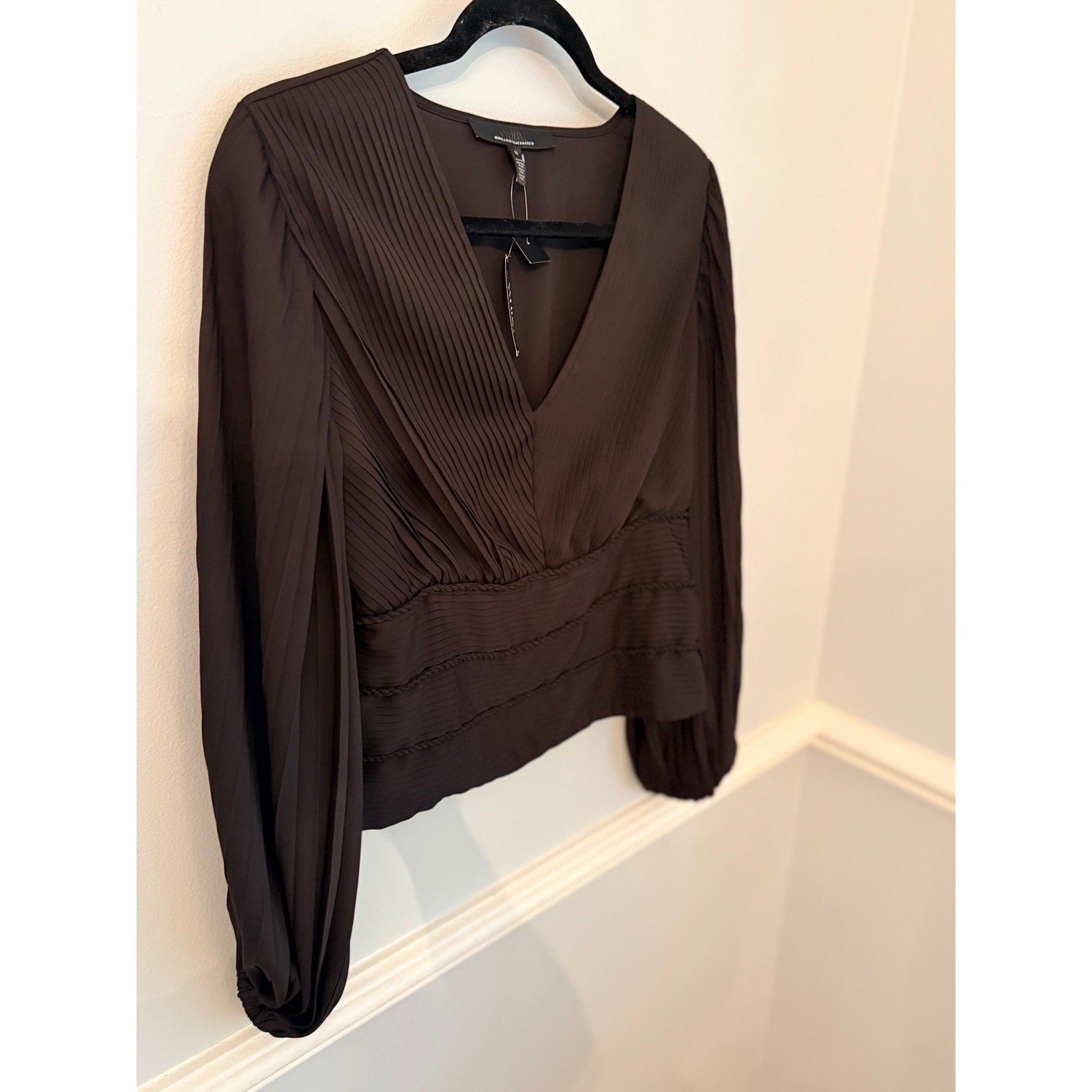 White House Black Market Pleated Surplice Blouse Brown Size 10 NWT