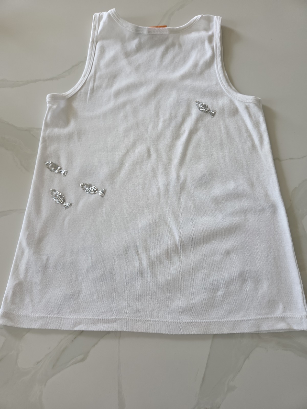 Tory Burch White Tank Top Size M Medium Sequin Beaded Silver Fish Embellished