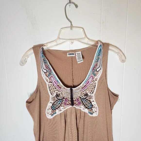 Y2k Route 66 Tan Embroidered Butterfly Wide Strap Tank Top 90s