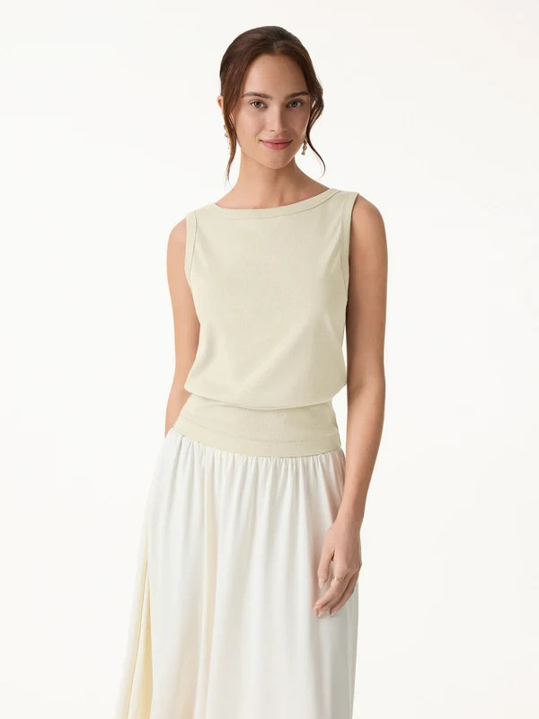Women’s Cotton Linen Blend Reversible Boat Neck Low Back Blouse, Yellow,Freeship