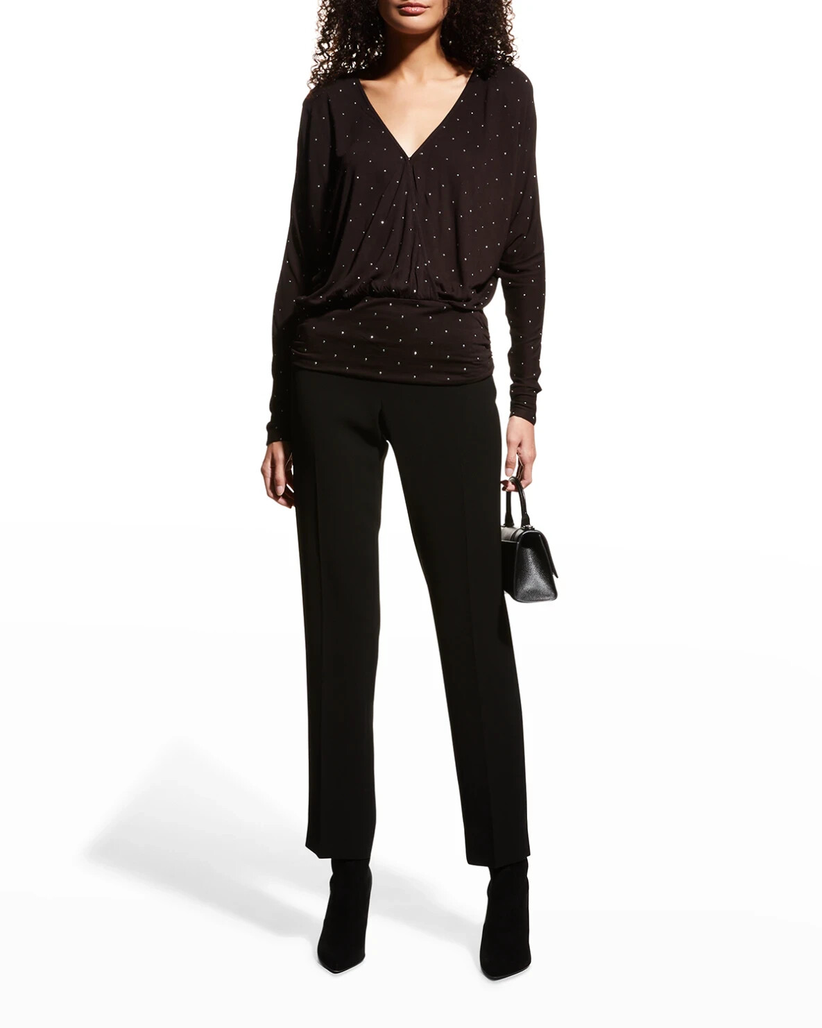 RAMY BROOK NEW YORK ” WHITNEY” V-NECK DOTTED BLACK BLOUSE SIZE SMALL-$295