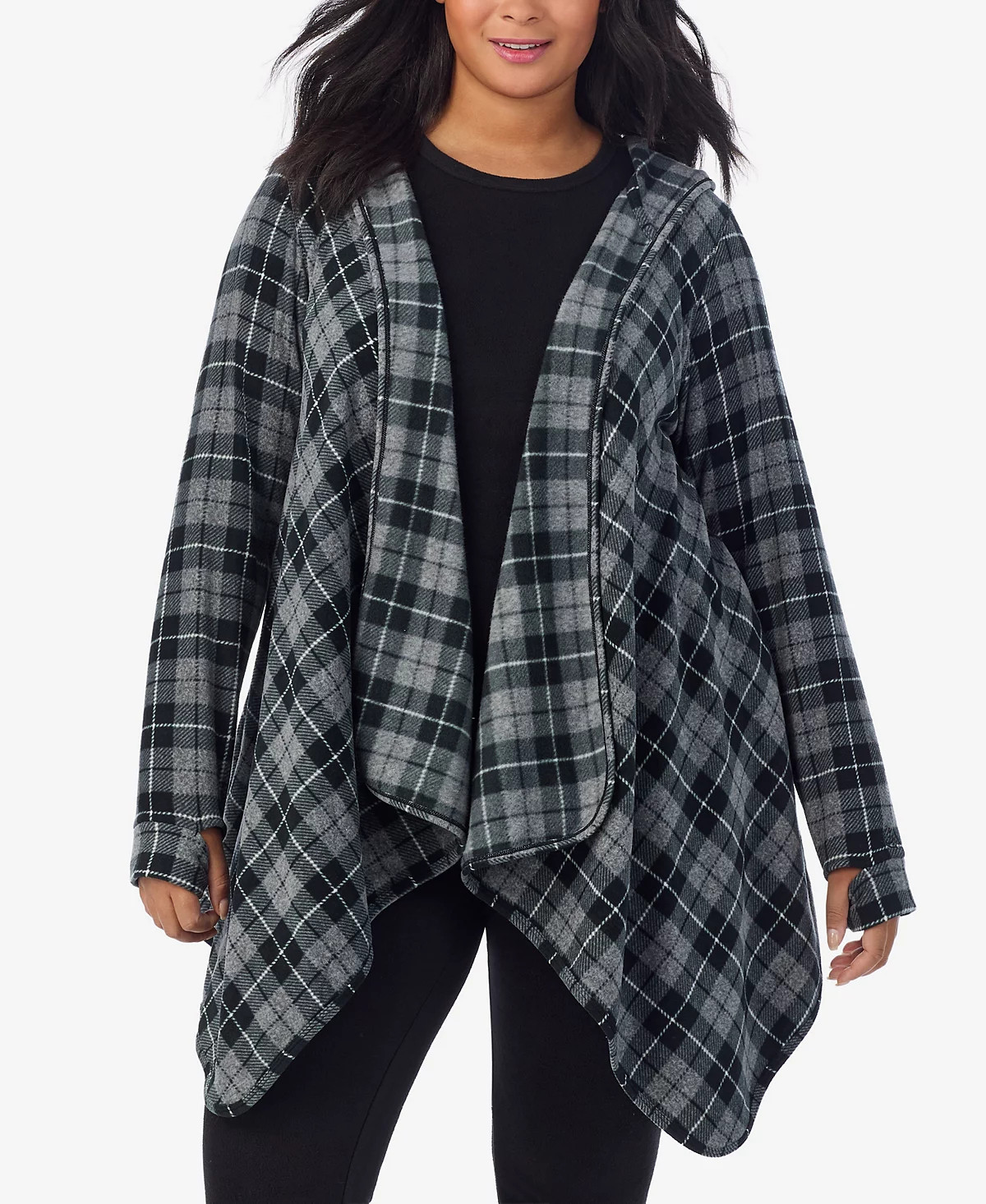 Cuddl Duds Women’s Wrap Top S/M Black Plaid Hooded Pockets NEW