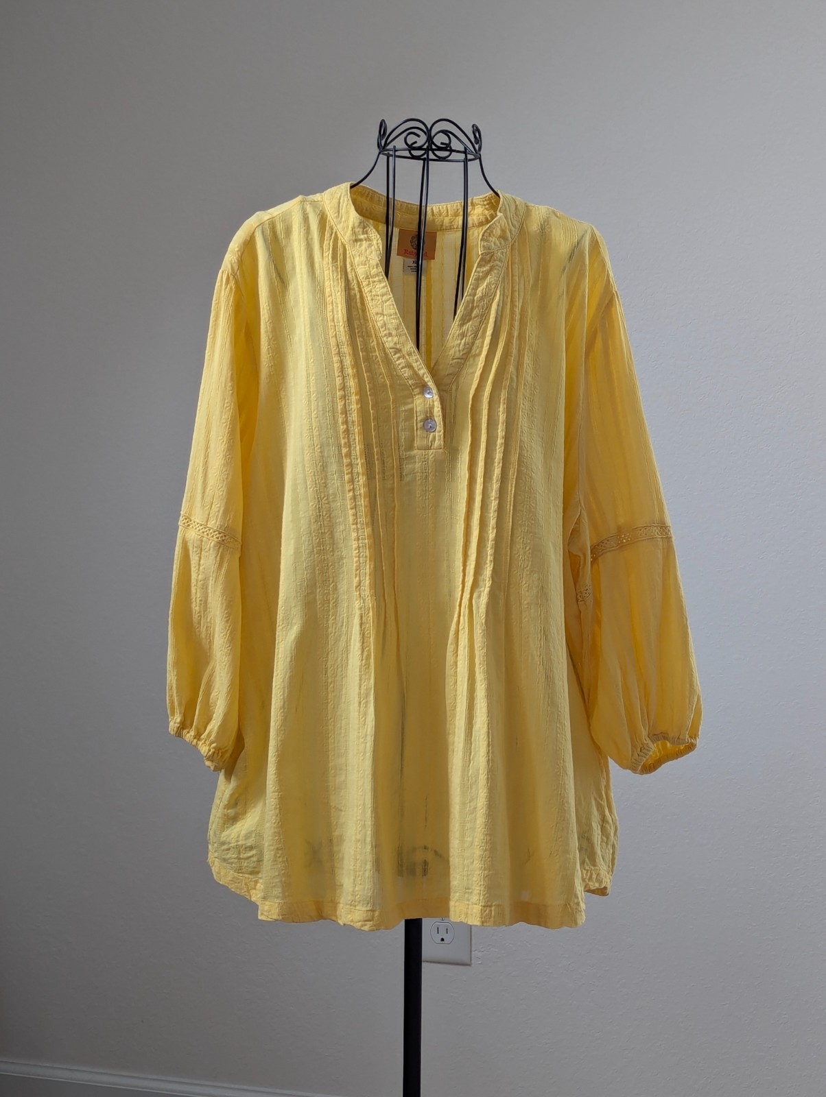 Ruby Rd Yellow Textured Cotton Peasant Blouse XL 100% Cotton Boho Relaxed
