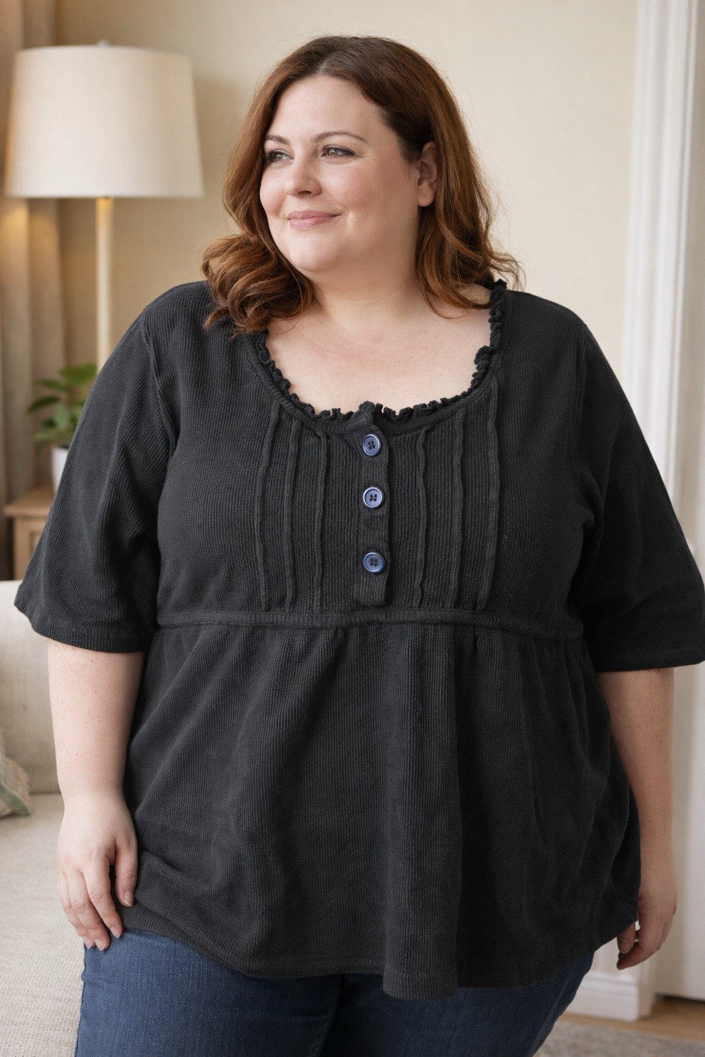 Plus Size Waffle Knit Babydoll Top 2X Cozy Thermal Ruffle Neck Blouse W Pockets