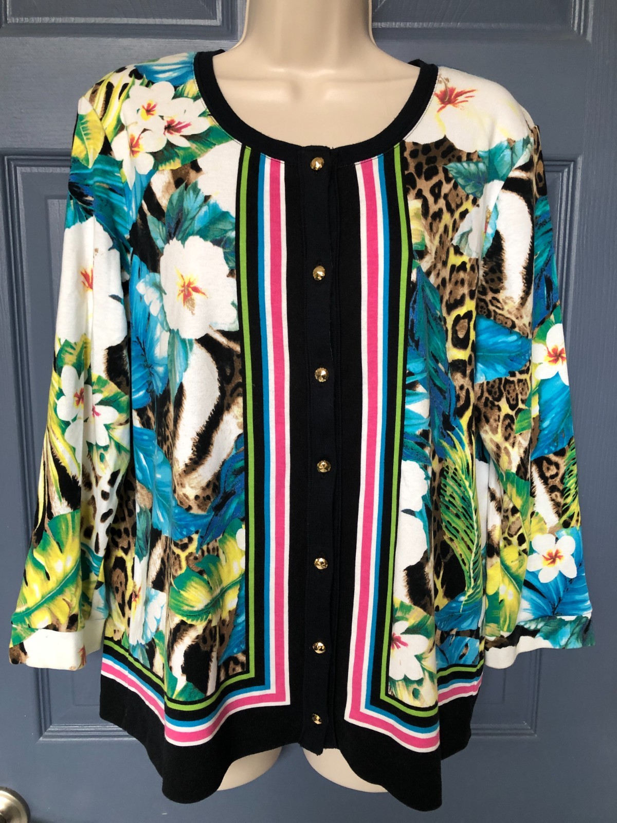Rafaella Studio Size XL Cotton Tropical Floral Animal Print Mix Cardigan Sweater